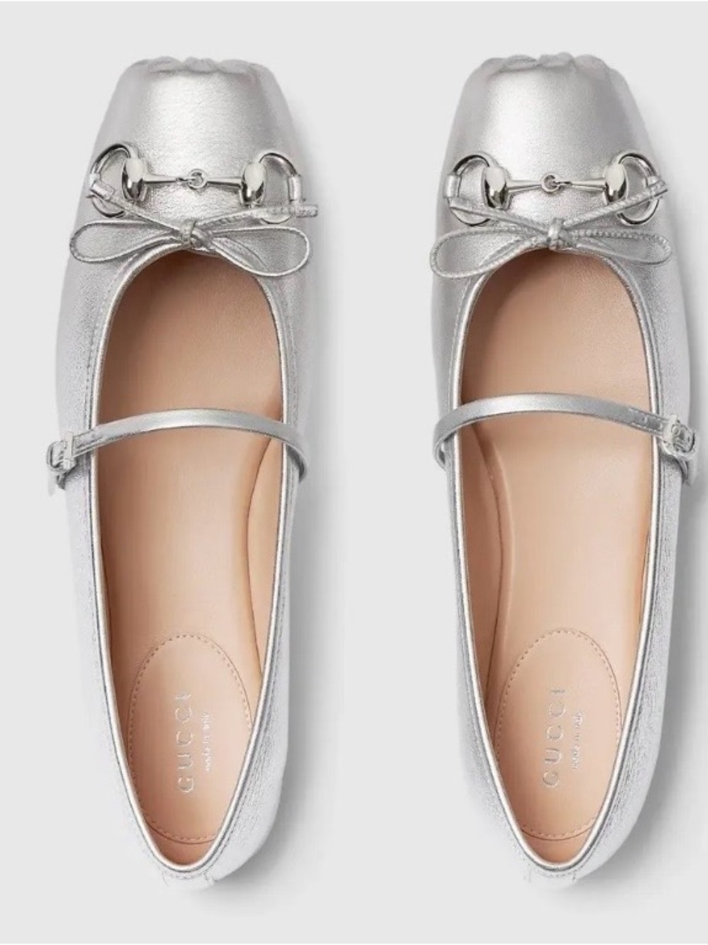 Gucci Metallic Silver Leather Ballet Flats